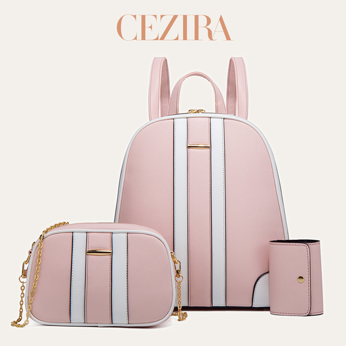 Fashion Backpack Women - Set Ransel Patchwork Garis-garis CR Fashion